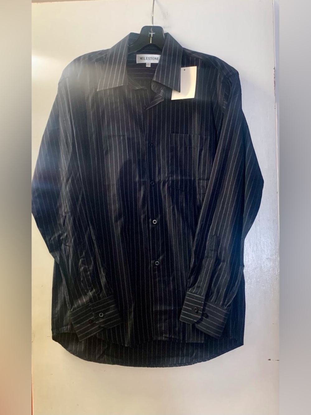 Milestone Long Sleeve Dress Shirt-Navy with Silver Pin Stripe